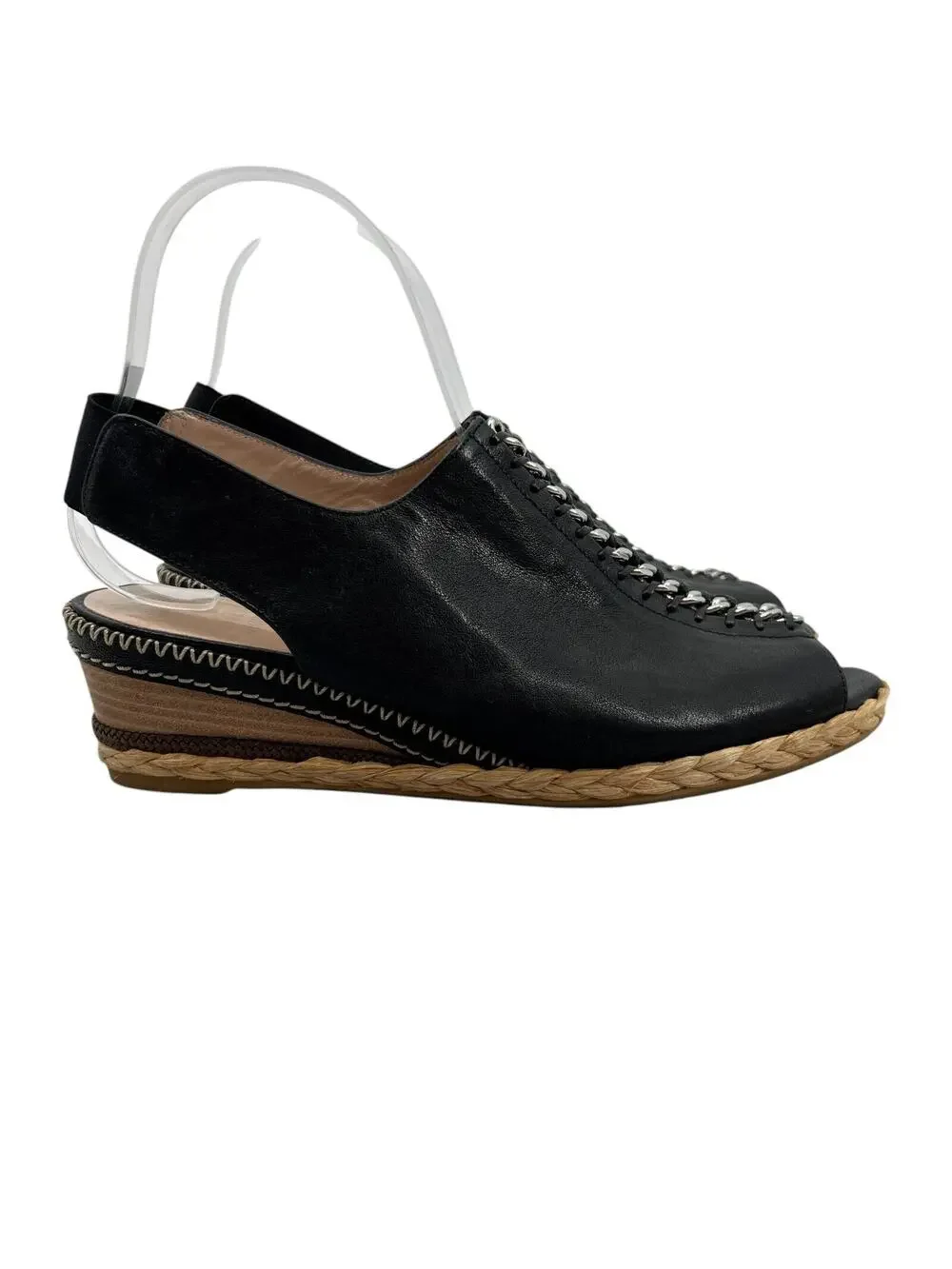 Stuart Weitzman Womens 7.5 Sandal Black Slingback Wedge Espadrille Chain Detail‎